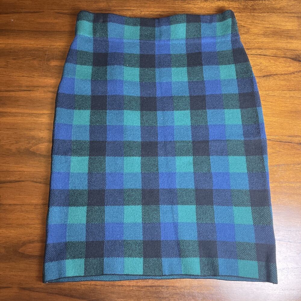 Chaps Pull-On Stretch Knit Plaid Pencil Skirt Size Small Green Black & Blue Prep